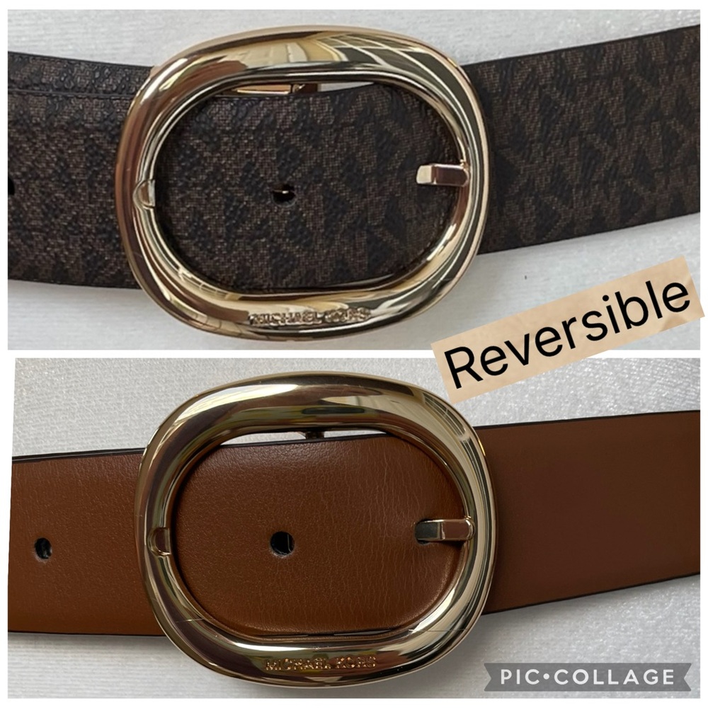 Michael Kors Reversible Brown & Beige Belt, w/ Gold Accents. 40”. NWT